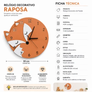 Relógio Raposa 3D em MDF 30 cm - Artesanato e Personalizados