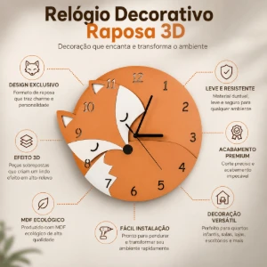 Relógio Raposa 3D em MDF 30 cm - Artesanato e Personalizados