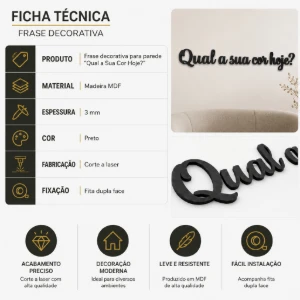 Frase Qual a Sua Cor Hoje em MDF Preto 80 x 10 cm - Artesanato e Personalizados