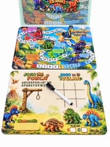Tabuleiro e lousa Dinossauros com bolsinha e jogos - Artesanato e Personalizados