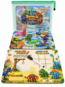 Tabuleiro e lousa Dinossauros com bolsinha e jogos - Artesanato e Personalizados