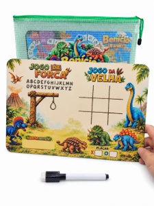 Tabuleiro e lousa Dinossauros com bolsinha e jogos - Artesanato e Personalizados