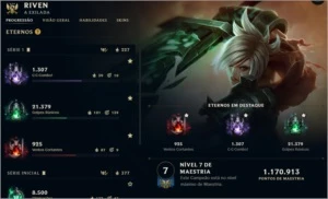 3115 RP, FULL Eternos, Criada em 2013, Main Riven, 218 Skins - League of Legends LOL