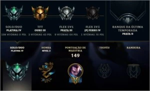Conta LOL: Platina IV, level 82, 38 campeões, 14 skins. - League of Legends