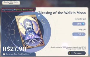 AR25 -3000+ primogens, com bênção da Lua (Gemas Diárias) - Genshin Impact