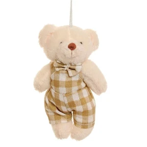 Ursinho com Jardineira Xadrez - Branco/Bege (10 cm) - Artesanato e Personalizados