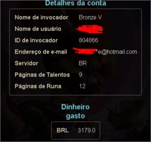Conta league of legends faltando 3 campeões e gasto 3179 R$ LOL