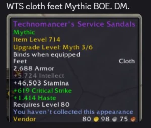 Wow itens - Cloth feet Mythic BOE - Tww Season3 - Perfect World PW