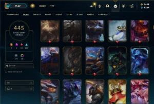 Platina 1 com TODOS os champs e 445 Skins + 1444 RP - League of Legends LOL