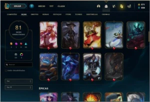 Conta unranked com 81 skins e 87 champs com 271 RPS - League of Legends LOL
