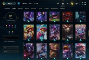 Conta unranked com 81 skins e 87 champs com 271 RPS - League of Legends LOL