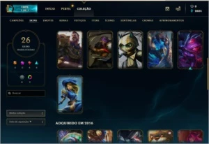 Conta com  26 skins 104 Champs e vários emotes - League of Legends LOL