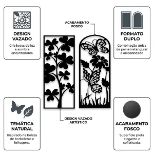 Kit 2 Quadros Florais com Borboletas em MDF Preto - Artesanato e Personalizados