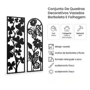 Kit 2 Quadros Florais com Borboletas em MDF Preto - Artesanato e Personalizados