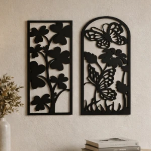 Kit 2 Quadros Florais com Borboletas em MDF Preto