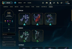 Conta Platina 1 com 150 Champs e 205 Skins + 30 Cromas - League of Legends LOL