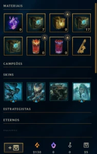 Conta esmeralda 2 mmr mestre full champ 130 skins 55k EA  - League of Legends LOL