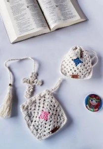 Kit Marcador de Bíblia e Saquinho em Crochê - Artesanato e Personalizados