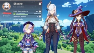 AR 32 América com Shenhe + Mona + Qiqi + Garantido - Genshin Impact