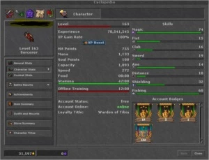 MS 163 ML 74 + PALLY 38 SKILL 98/88 + ACC LOYALTY POINTS 967 - Tibia