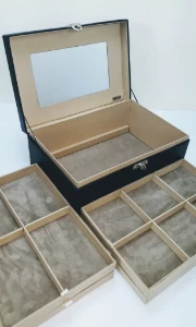Porta Joias Grande 5 andares Preto e Bege com Espelho - Artesanato e Personalizados