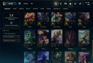 Ouro 1 com 30 Champs e 4 Skins - League of Legends LOL
