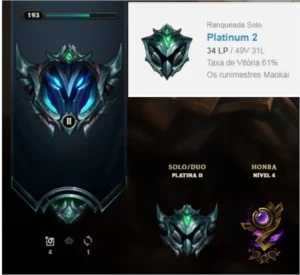 Conta plat2 61%WR Honra 4 - League of Legends LOL