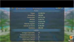 Conta 91m de Poder, 900k+ de Tropas T3 - Lords Mobile
