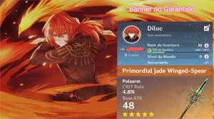 AR10 Diluc + lança de Jade Primitiva + Garantido - Genshin Impact