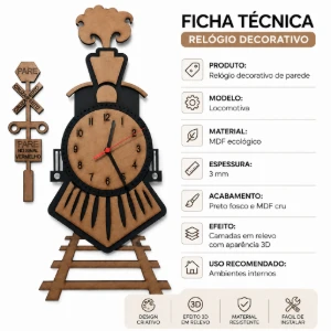 Relógio de Parede Locomotiva em MDF 70 x 46 cm - Artesanato e Personalizados