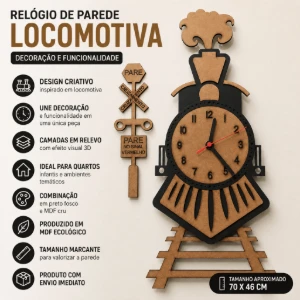 Relógio de Parede Locomotiva em MDF 70 x 46 cm - Artesanato e Personalizados