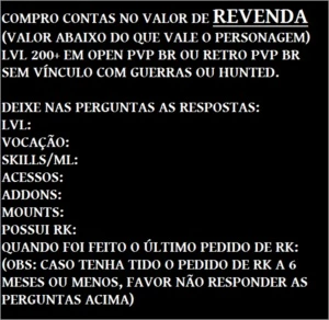REVENDA (VALOR MENOR QUE VALE O PERSONAGEM) - Tibia