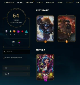 Ouro, 64 Skins, 2 Ultimate, 1 Mítica, 5 Lendárias, 10K Ea - League of Legends LOL