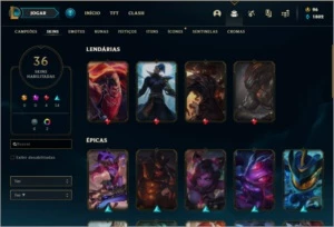 CONTA LEAGUE OF LEGENDS PRATA 1 36 SKINS, BARATO LOL