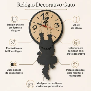 Relógio de Parede Gato em MDF 70 cm - Artesanato e Personalizados