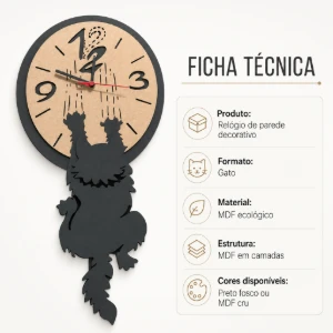 Relógio de Parede Gato em MDF 70 cm - Artesanato e Personalizados