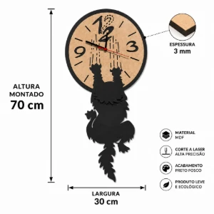 Relógio de Parede Gato em MDF 70 cm - Artesanato e Personalizados