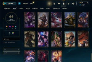Ouro 4 com 110 Champs e 66 Skins + 19 Espolios - League of Legends LOL