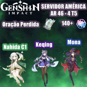 Conta AR 46 com Nahida C1, Oração, Mona, Keqing, 140 + tiros - Genshin Impact