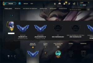 Diamante 4 e Diamante 2 (Flex) com 50 Champs e 12 Skins - League of Legends LOL