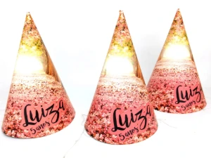 Chapeuzinho de Festa Rosa e Dourado Personalizado 16 cm - Artesanato e Personalizados