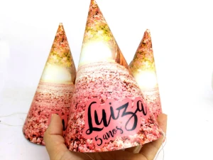 Chapeuzinho de Festa Rosa e Dourado Personalizado 16 cm - Artesanato e Personalizados