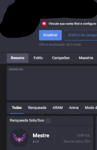 Conta de League of legends, mestre com 70 % de winrate LOL