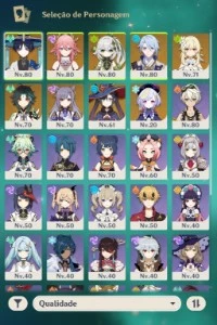 Nahida, Ayato, Andarilho, Yae Miko, Xiao, Keqing, Mona, Qiqi
