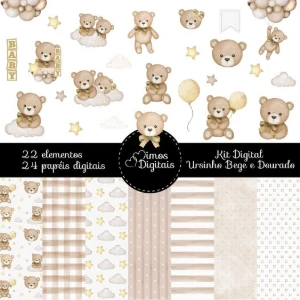 Kit Digital Papeis e Imagens Ursinho Bege com Dourado - eBooks