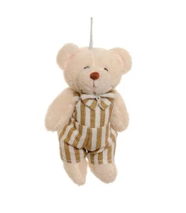 Ursinho com Jardineira Listras - Branco/Bege (10 cm) - Artesanato e Personalizados