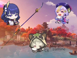AR36- Raiden + Cortadora + Baculo das Areias +Qiqi + Sayu C6 - Genshin Impact