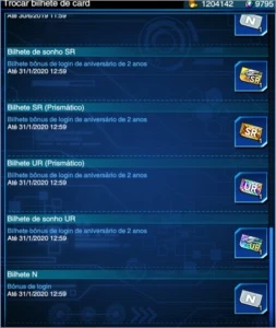 Yugioh DuelLinks 10k gemas 3 bilhetes dos sonhos varias ur - Outros