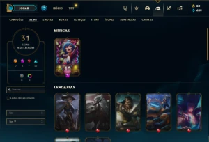 Platina 4 com 66 Champs e 31 Skins + 4 Espolios - League of Legends LOL