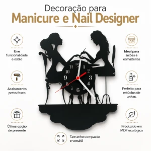 Relógio Manicure e Nail Designer em MDF Preto 28 cm - Artesanato e Personalizados